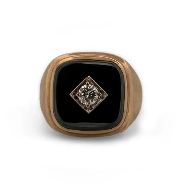 0.30ct Round Brilliant Natural Diamond and Hematite Tablet Men’s Ring in 10k Yellow Gold