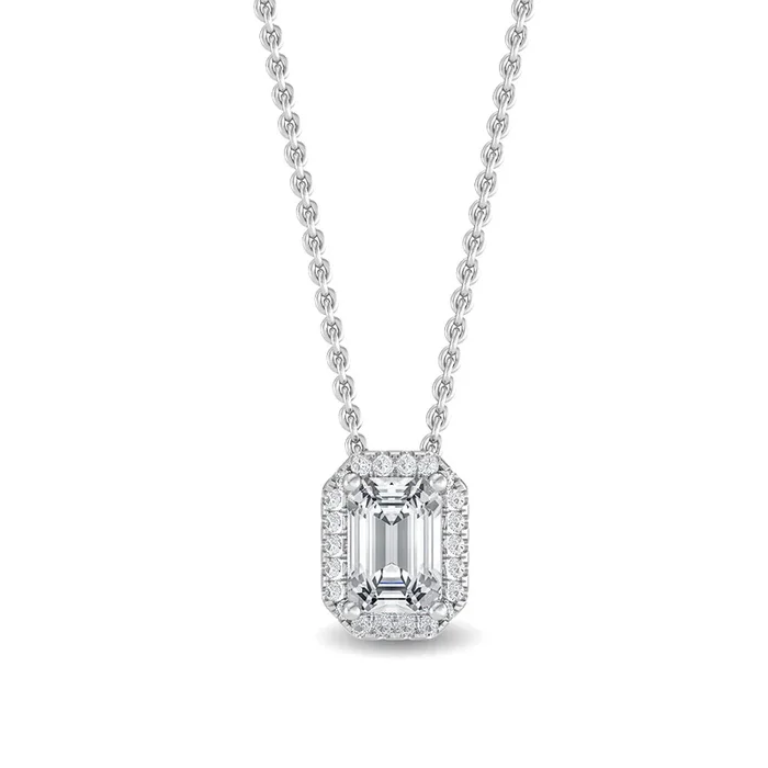 0.80ctw Emerald Cut & Round Brilliant Lab-Grown Diamond Halo Pendant Necklace in 14k Gold