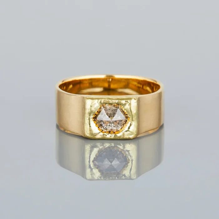 0.88 Carat One-of-a-Kind Rose Cut Salt and Pepper Diamond Signet Ring | DR173-OOAK