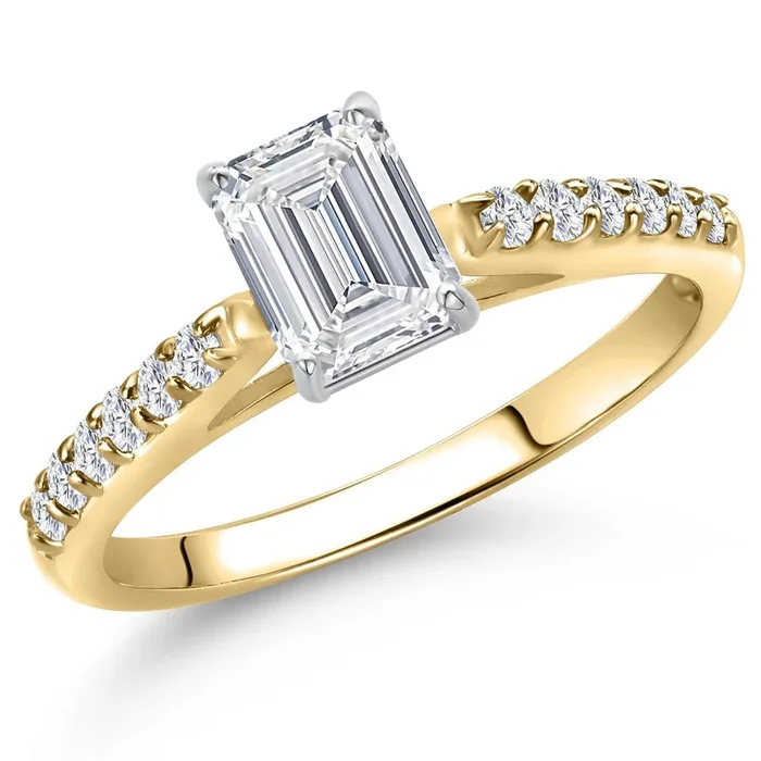 0.88 Cttw IGI Certified Lab Grown Diamond in 10K Yellow and White Gold Engagement Ring for Women | Emerald Cut Center Diamond 0.70 Ct | E-F Color | VS1-VS2 Clarity