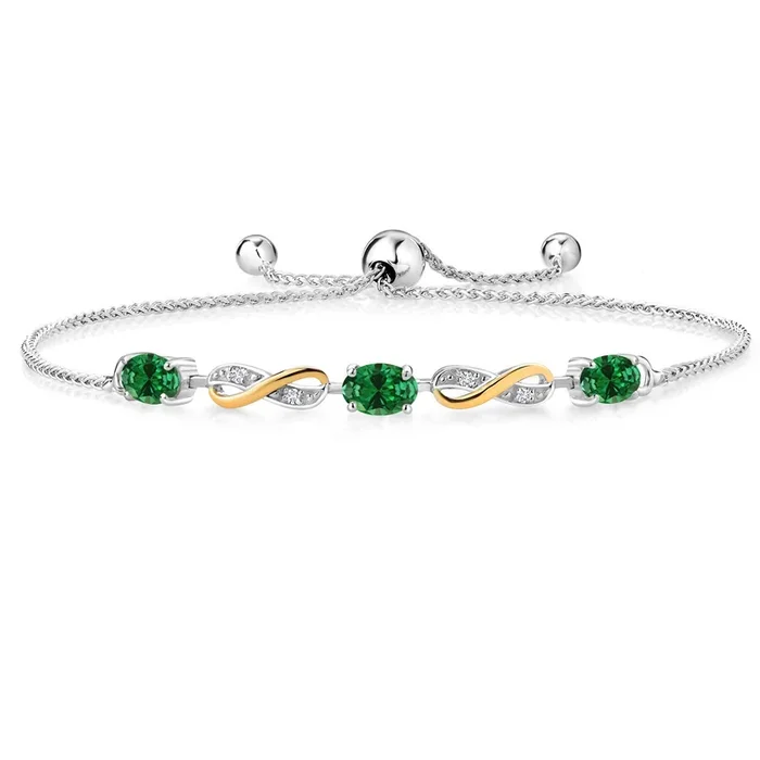 1.08 Ct Oval Green Created Emerald 925 Silver and 10K Yellow Gold Lab Grown Diamond Adjustable Infinity Bracelet For Women Mother’s Mom Wife Her