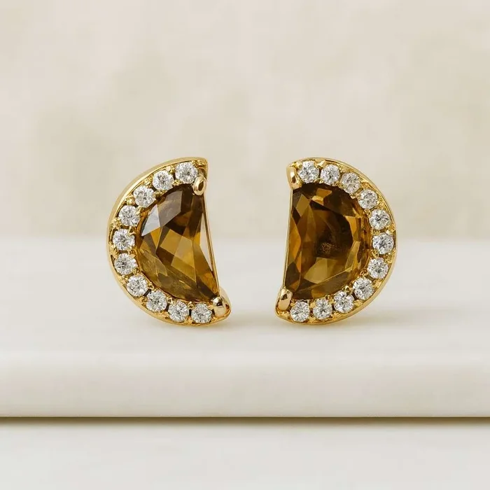 1.12 CT Half Moon Cut Tourmaline Birth Stone Half Halo Stud Earrings