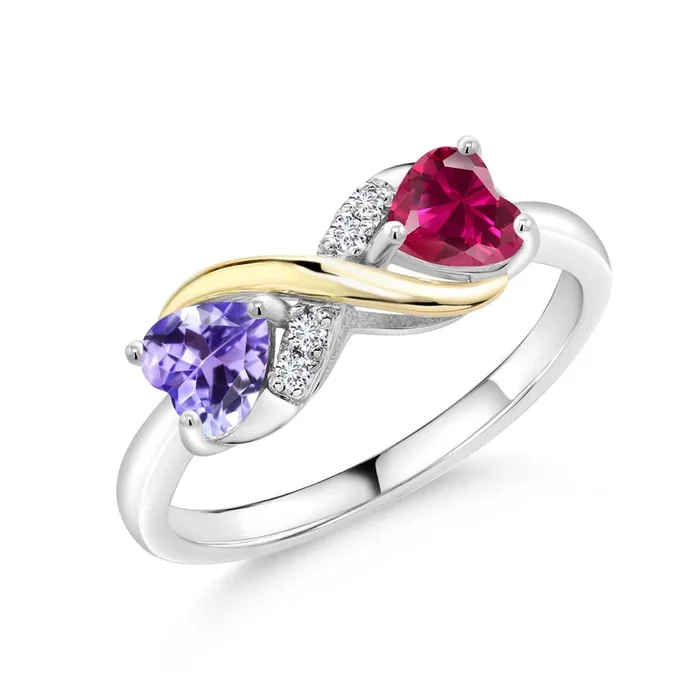 1.14 Ct Blue Tanzanite Red Created Ruby 925 Silver and 10K Yellow Gold Ring