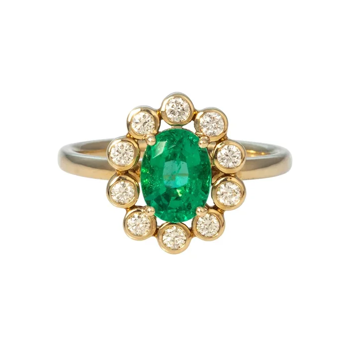 1.16ct Oval Emerald & Round Diamond 14K Yellow Gold Ring