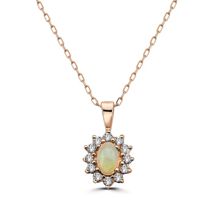 1/2 cts Multi-Color Opal and Diamond Necklace in 14K Rose Gold by Birthstone