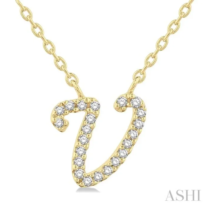 1/20 Ctw Initial ‘V’ Round cut Diamond Pendant With Chain in 10K Yellow Gold
