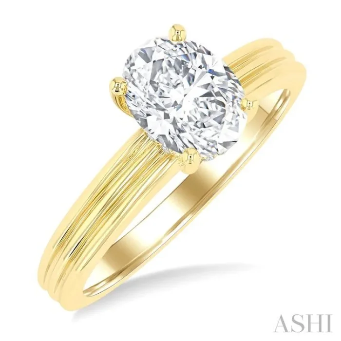 1/20 Ctw Oval Shape Grooved Shank Round Cut Diamond Semi-Mount Engagement Ring in 14K Yellow Gold