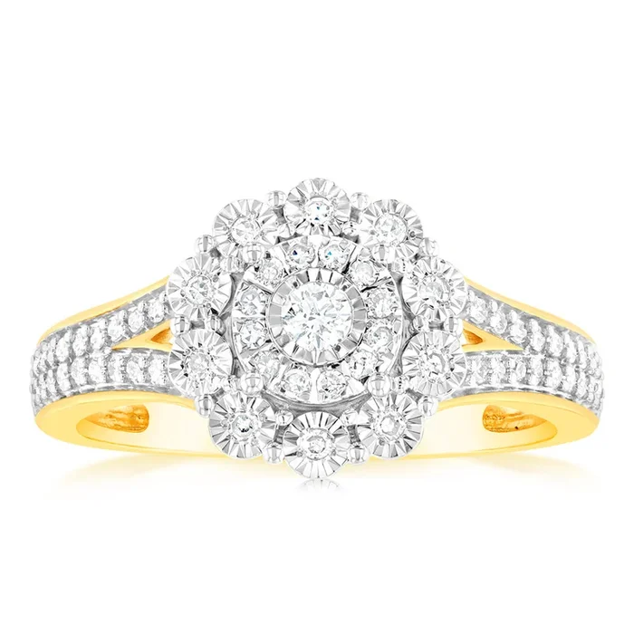 1/3 Carat Diamond Halo Ring with Split Shank in 9ct Yellow Gold