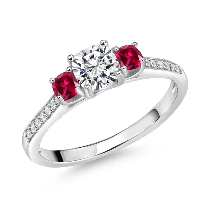1.44 Cttw Lab Grown Diamond Red Created Ruby and White Moissanite Engagement Ring For Women | 925 Sterling Silver | Cushion 5MM | Gemstone Birthstone