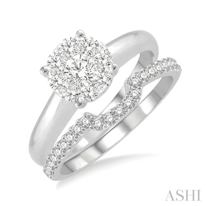 1/5 Ctw Lovebright Round Cut Diamond Wedding Set With 1/8 Ctw Circular Engagement Ring and 1/10 Ctw U-Shape Center Wedding Band in 14K White Gold