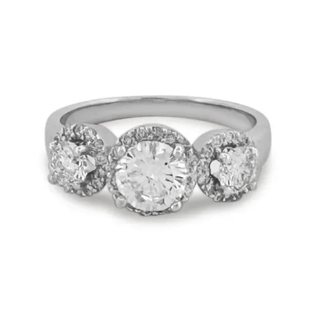 1.50ctw Round Brilliant 3-Stone with Halos Natural Diamond Engagement Ring in 14k White Gold