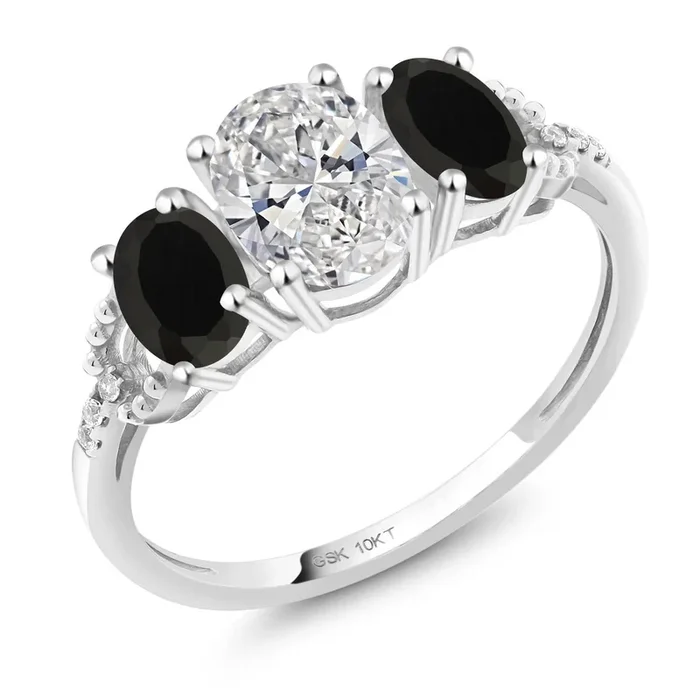 1.52 Cttw 10K White Gold Lab Grown Diamond and Black Onyx 3-Stone Engagement Ring | Center Oval Diamond 0.70 Ct | DEF Color | VVS-VS Clarity