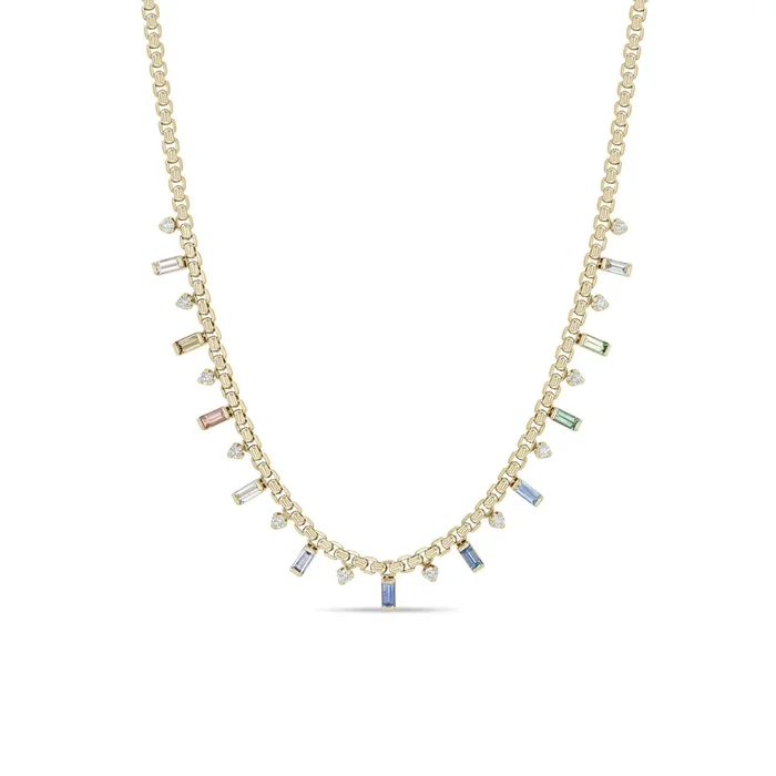 1.54 ctw Alternating Ombre Sapphire Baguette & Round Diamond Medium Box Chain Necklace