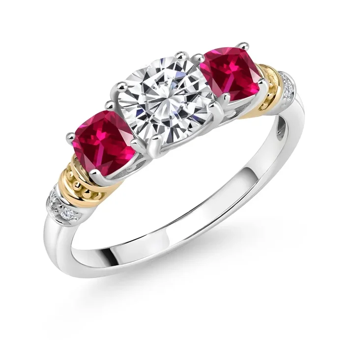 1.72 Cttw 925 Sterling Silver and 10K Yellow Gold IGI Certified Lab Grown Diamond and Created Ruby 3 Stone Ring For Women | Center 1 Ct Cushion Diamond | E-F Color | VS1-VS2 Clarity