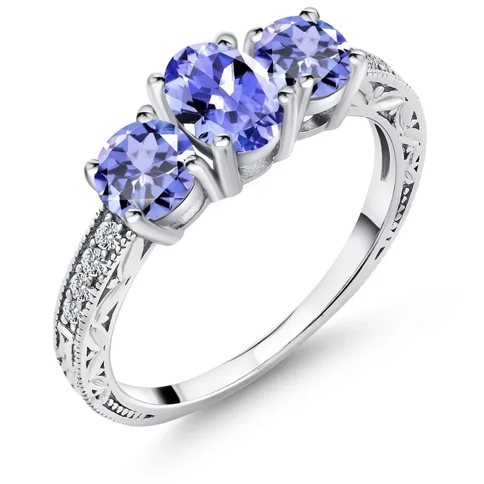 1.79 Cttw Blue Tanzanite 3-Stone Ring For Women | 925 Sterling Silver | Gemstone Birthstone | Three Stone Wedding Engagement Anniversary Promise Ring For Women | Available In Size 5-9