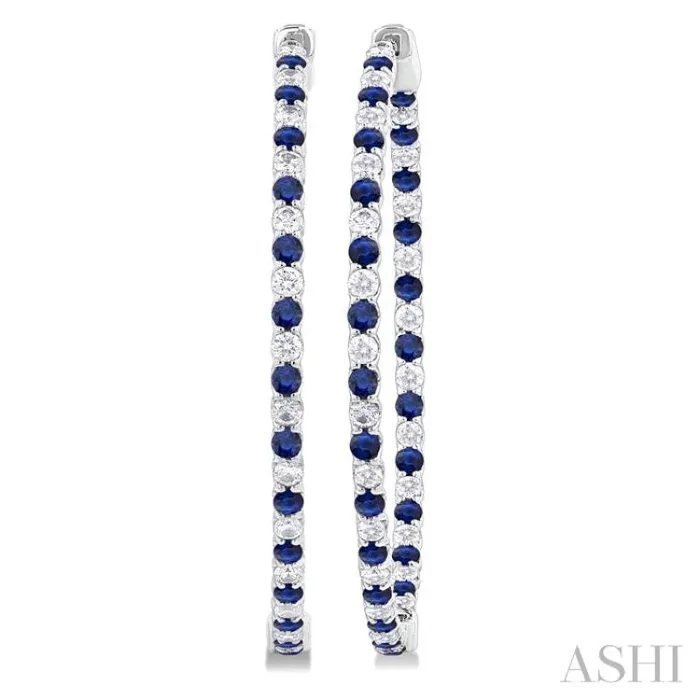 1.9 MM Round Cut Sapphire and 1 1/2 Ctw Round Cut Diamond Precious Inside-Out Alternating Hoop Earrings in 14K White Gold