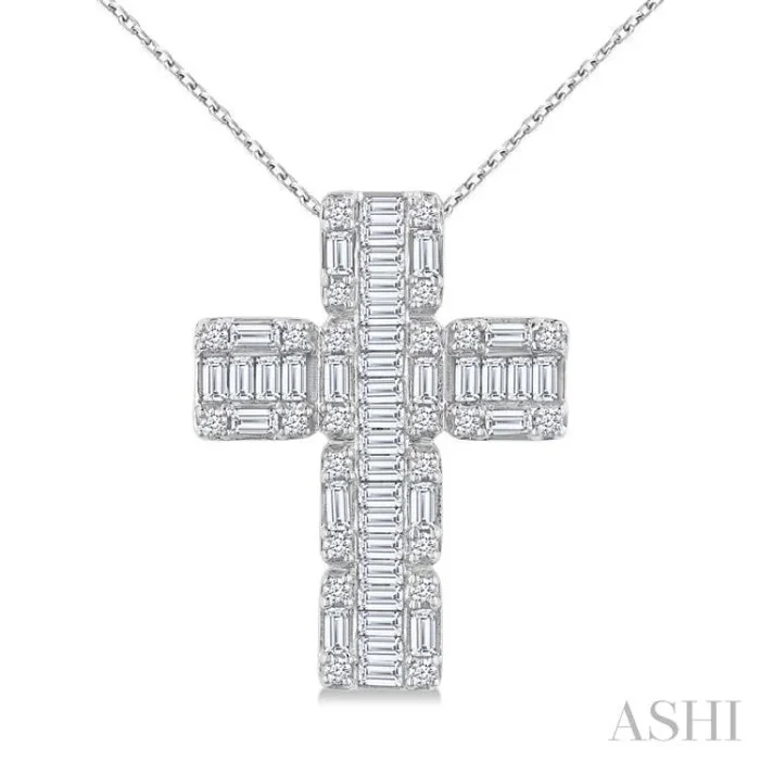 1 Ctw Fusion Baguette and Round Cut Diamond Cross Fashion Pendant With Chain in 14K White Gold