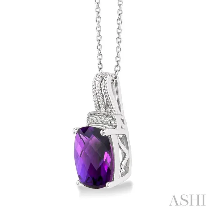 10×8 MM Cushion Shape Amethyst and 1/50 Ctw Looped Round Cut Diamond Semi-Precious Pendant With Chain in Sterling Silver