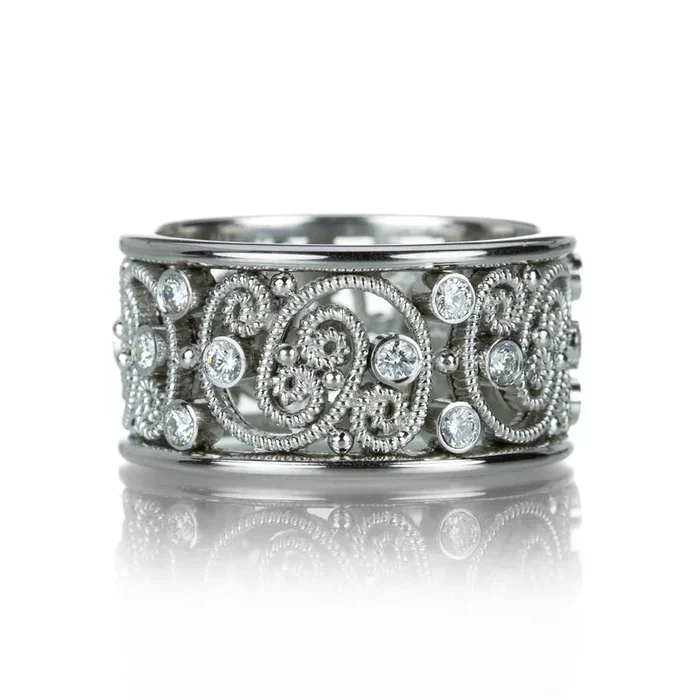 10.5mm Wide Platinum and Diamond Band