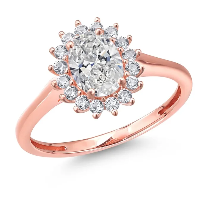 10K Rose Gold Oval 7X5MM Gemstone Birthstone and White Created Sapphire Engagement Ring For Women | Available in Size 5,6,7,8,9