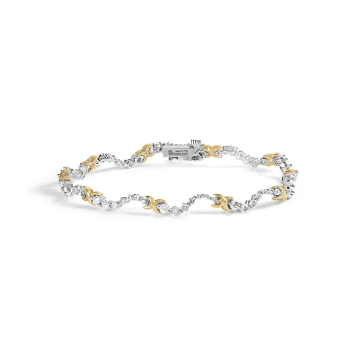 10K Two-Tone 2.00 Cttw Diamond “X” and Wave Link Bracelet (H-I Color, I1-I2 Clarity) – 7″ Inches