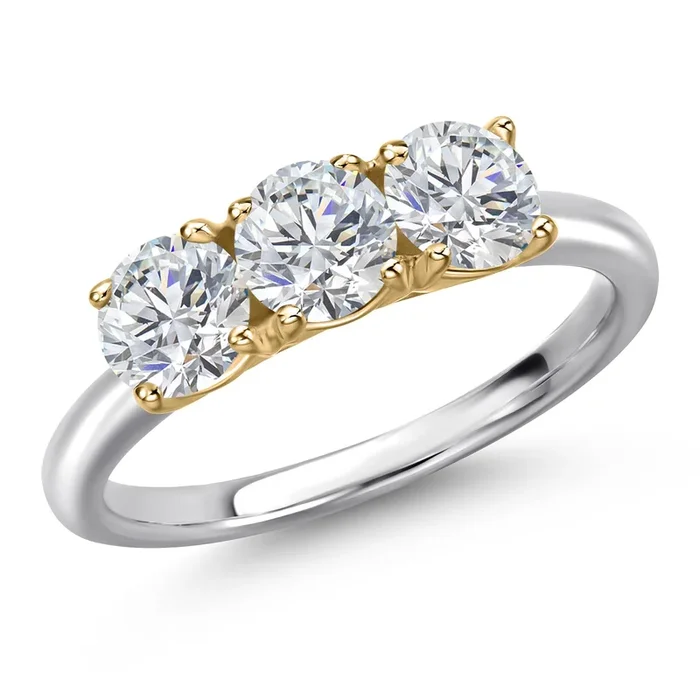 10K Two Tone Gold Lab Grown Diamond 3-Stone Engagement Ring For Women | 1.50 Cttw | Round 5MM | Gemstone April Birthstone | DEF Color | VVS-VS Clarity