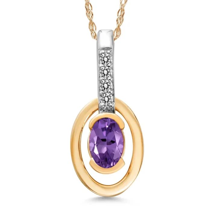 10K Two Tone Gold Oval 5X3MM Gemstone and White Diamond Pendant Necklace For Women with 18 Inch Chain