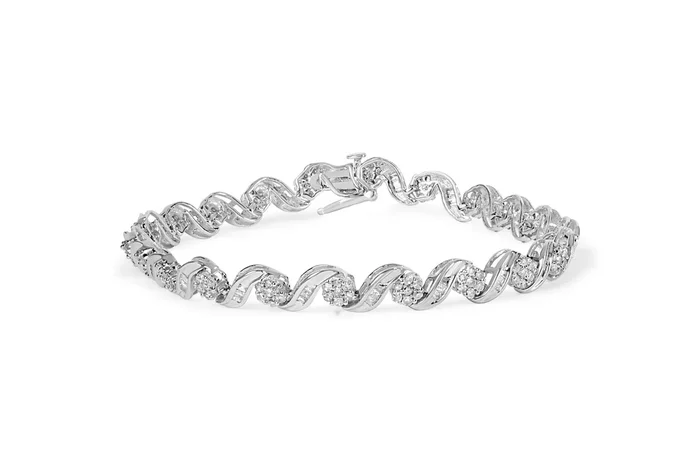 10K White Gold 2.00 Cttw Round-Cut and Baguette-Cut Diamond Floral Design Swirl Link 7″ Bracelet (I-J Color, I1-I2 Clarity)