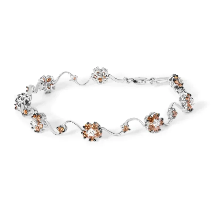 10K White Gold 4.0 Cttw Champagne and White Diamond Floral Cluster and Station Link Bracelet (H-I Color, SI2-I1 Clarity) – 7″ Inches