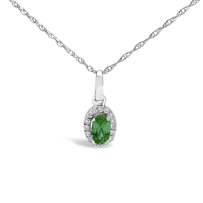 10K White Gold 5x3mm Gemstone and Diamond Accent Halo Oval Shape 18″ Pendant Necklace (I-J Color, I1-I2 Clarity)