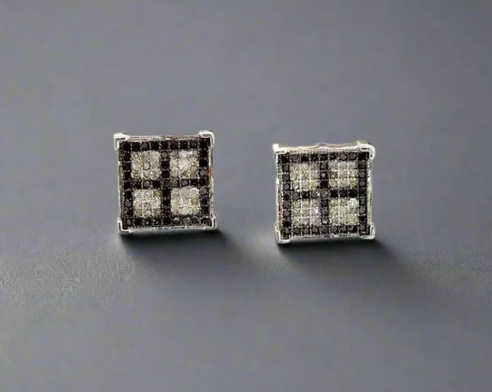 10K White Gold .70TCW Black Diamond Square Men’s Stud Earrings