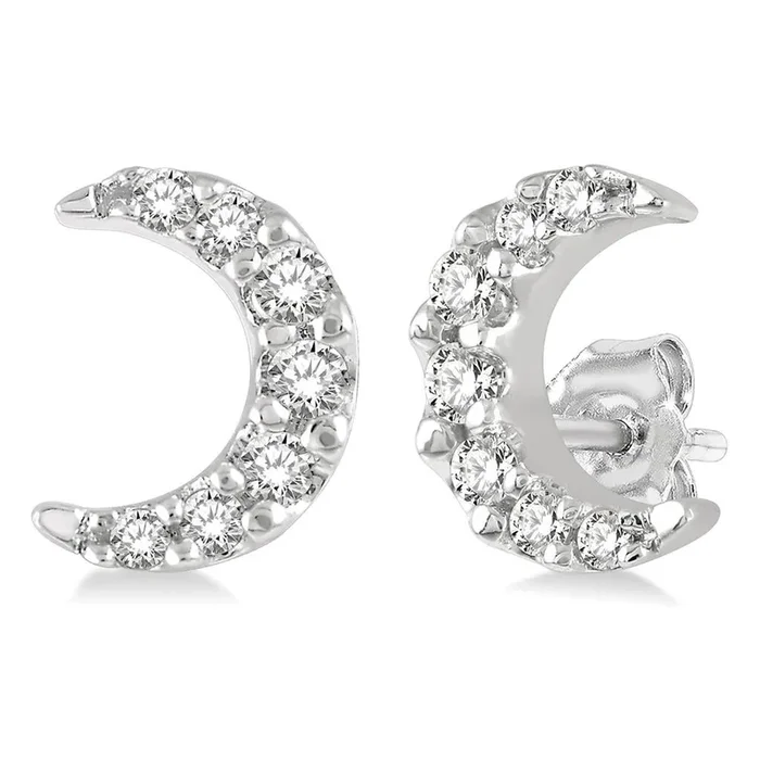 10K White Gold Crescent Stud Natural Diamonds Earrings