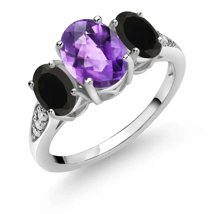 10K White Gold Gemstone Birthstone and Black Onyx 3-Stone Engagement Ring for Women with Lab Grown Diamond Accents | Oval 8X6MM & 6X4MM | Three Stone Wedding Anniversary Promise Ring | Sizes 5-9