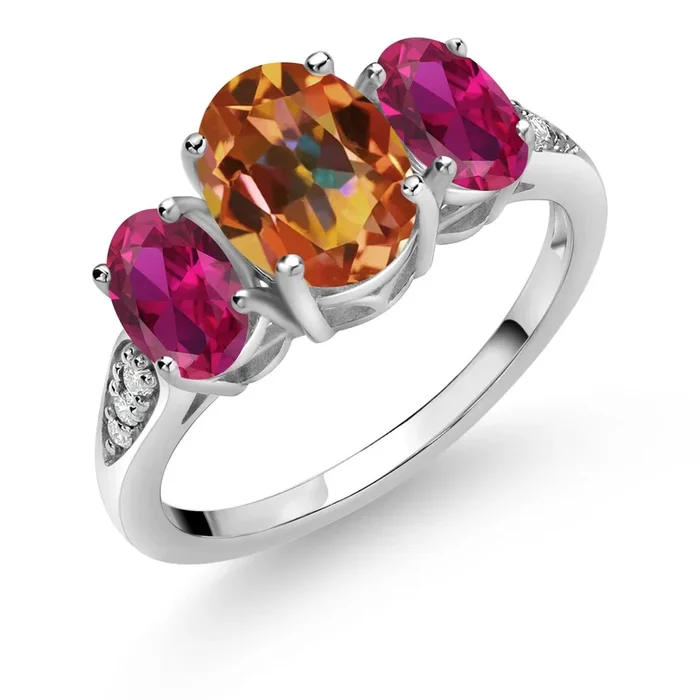 10K White Gold Gemstone Birthstone and Created Ruby 3-Stone Engagement Ring for Women with Lab Grown Diamond Accents | Oval 8X6MM & 6X4MM | Three Stone Wedding Anniversary Promise Ring | Sizes 5-9