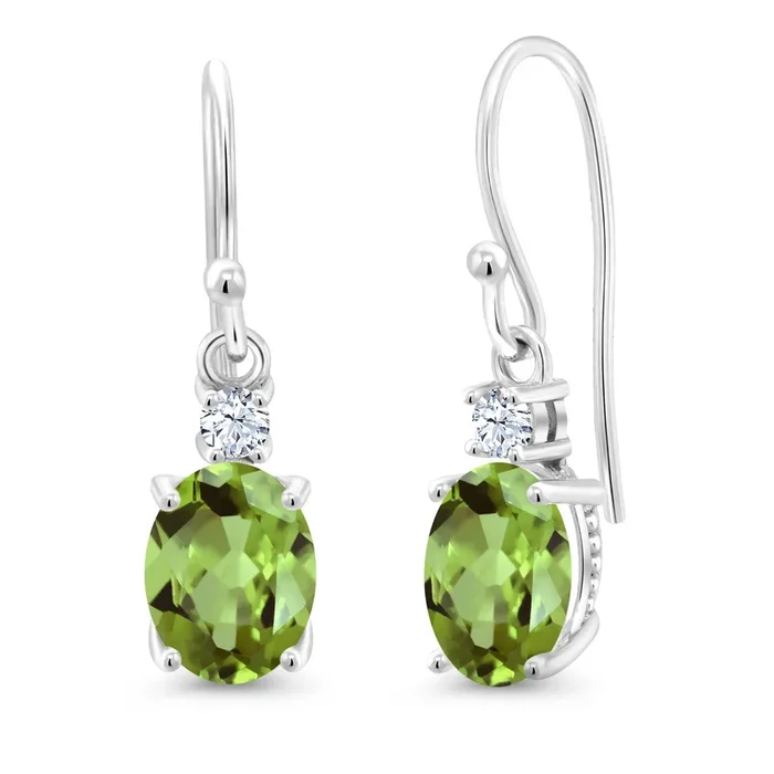 10K White Gold Gemstone Birthstone and White Created Sapphire Dangle Earrings For Women | Oval 8X6MM and Round 2.5MM | Elegant Drop Design with Classic French Wire Hooks | Fine Jewelry Earrings