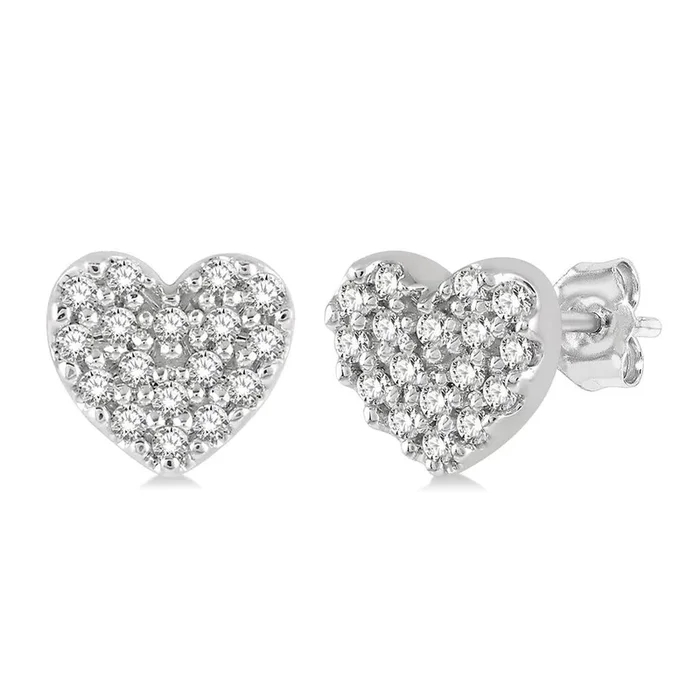 10K White Gold Heart Stud Natural Diamonds Earrings