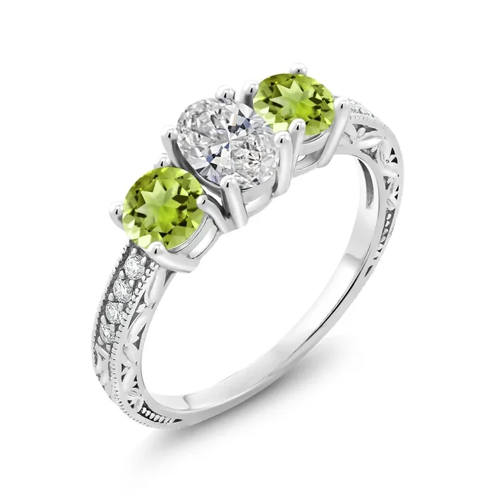 10K White Gold IGI Certified Lab Grown Diamond and Peridot 3 Stone Engagement Ring For Women | 2.28 Cttw | Center Diamond Oval 1 Ct | E-F Color | VS1-VS2 Clarity