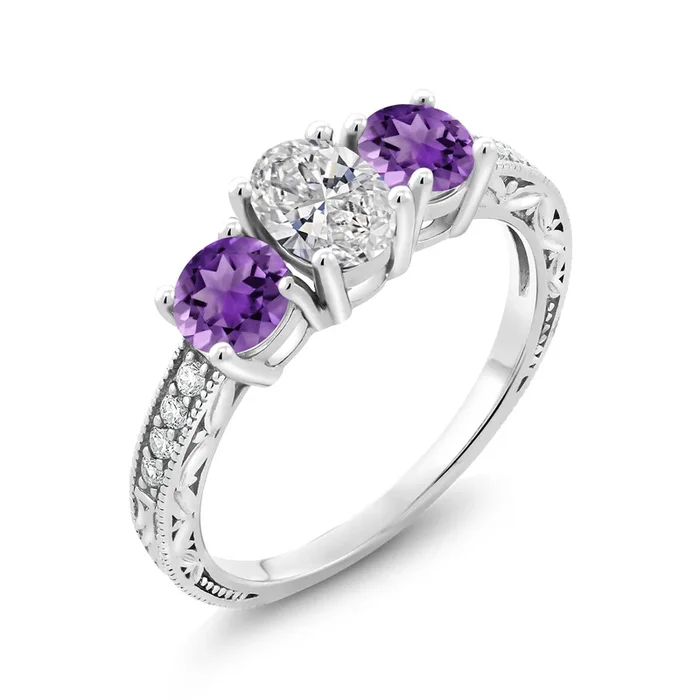 10K White Gold IGI Certified Lab Grown Diamond and Purple Amethyst 3 Stone Engagement Ring For Women | 2.03 Cttw | Center Diamond Oval 1 Ct | E-F Color | VS1-VS2 Clarity