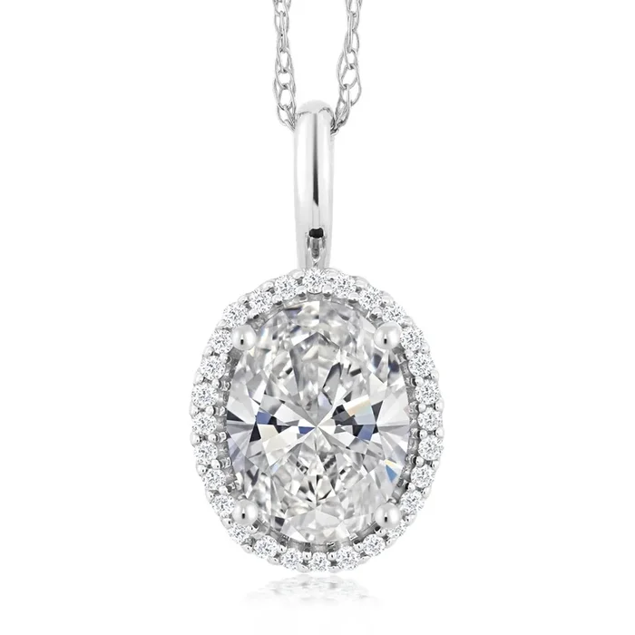 10K White Gold IGI Certified Lab Grown Diamond Halo Pendant Necklace For Women | 1.58 Cttw | Center Oval Diamond 1.5 Ct | E-F Color | VS1-VS2 Clarity | 18 Inch Chain