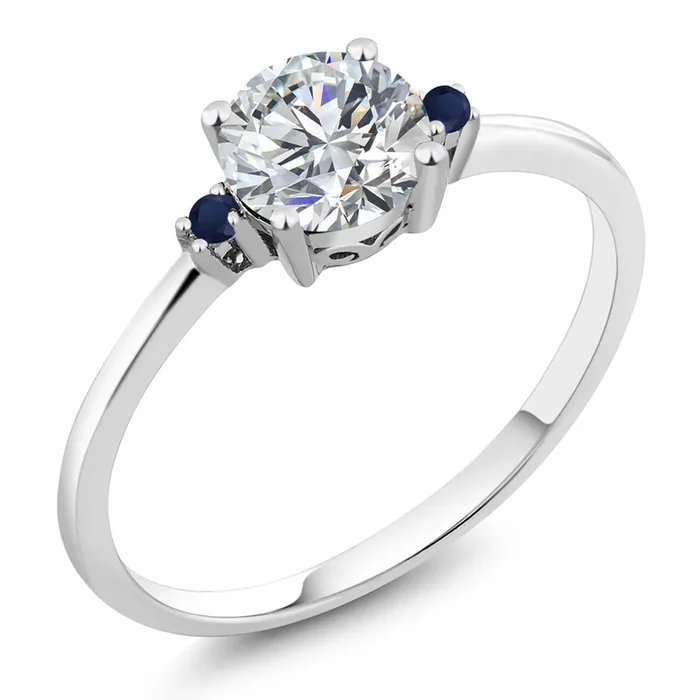 10K White Gold Lab Grown Diamond and Blue Sapphire Engagement Ring For Women | 0.77 Cttw | Round 6MM | Gemstone April Birthstone
