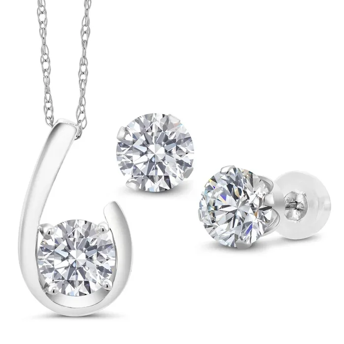 10K White Gold Lab Grown Diamond Pendant Earrings Jewelry Set For Women | 2.22 Cttw | Gemstone April Birthstone | Round 6MM | with 18 Inch Chain