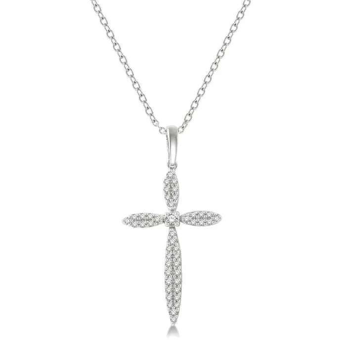 10K White Gold Marquise Shape Diamond Cross Pendant Necklace