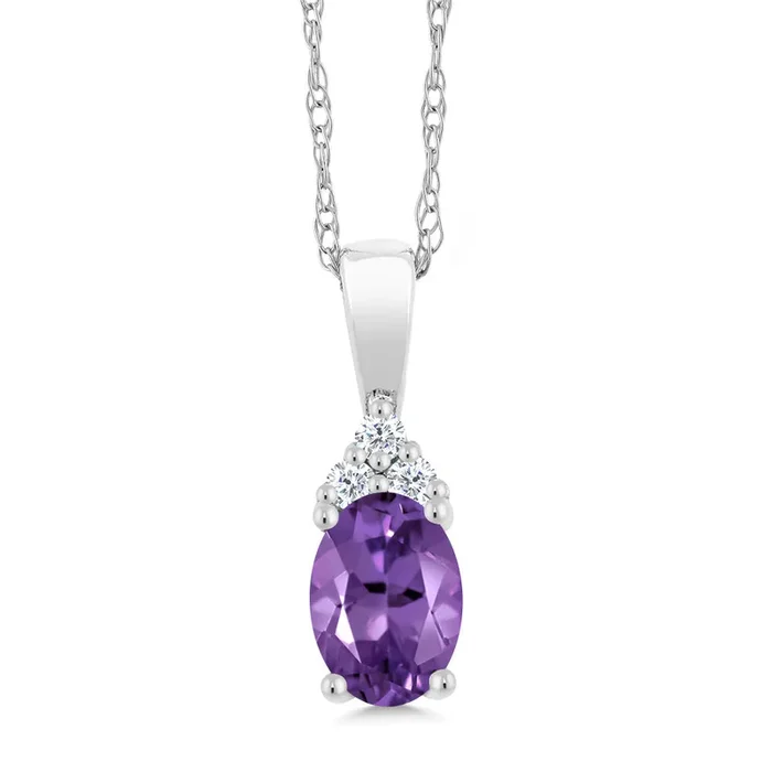 10K White Gold Oval Gemstone Birthstone and White Diamond Necklace | Oval 6X4MM | Gold Pendant Necklace for Women | with 18 Inch Chain