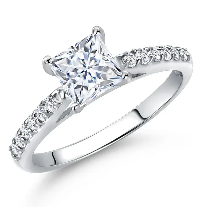 10K White Gold Princess 5MM Gemstone Birthstone and Lab Grown Diamond Engagement Ring For Women | Wedding Anniversary Promise Ring For Women | Size 5,6,7,8,9