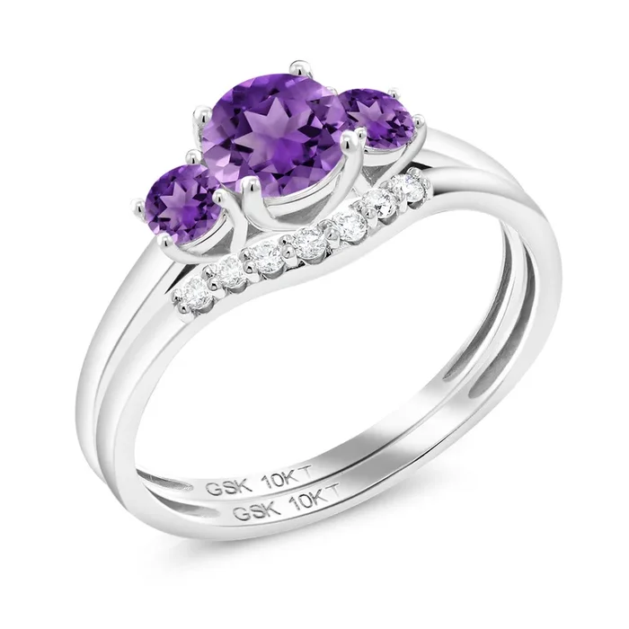 10K White Gold Purple Amethyst and White Lab Grown Diamond Engagement Ring | 3-Stone Bridal Wedding Ring Set For Women | 0.72 Cttw | Available In Size 5, 6, 7, 8, 9