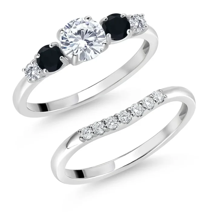 10K White Gold White Lab Grown Diamond and Black Onyx 5-Stone Bridal Engagement Wedding Ring Set For Women | 0.81 Cttw | Round: 5MM and 3MM | Wedding Anniversary Promise Ring
