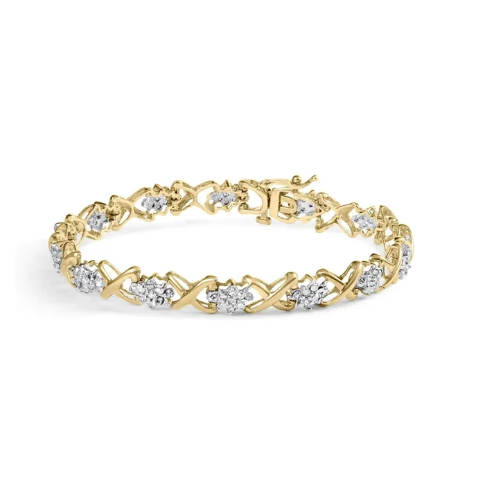 10k Yellow Gold 2.00 Cttw Diamond Cluster and Alternating “X” Link Bracelet (I-J Color, I3 Clarity) – 7″