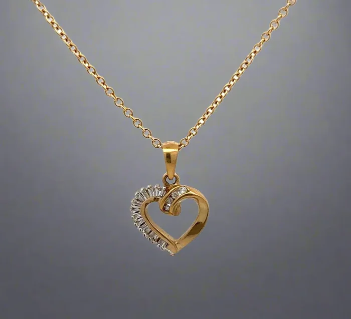 10K Yellow Gold .20TCW Baguette Diamond Open Heart + 14K Link Necklace