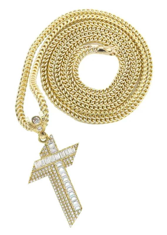 10K Yellow Gold Baguette Cross Necklace | Appx. 15 Grams