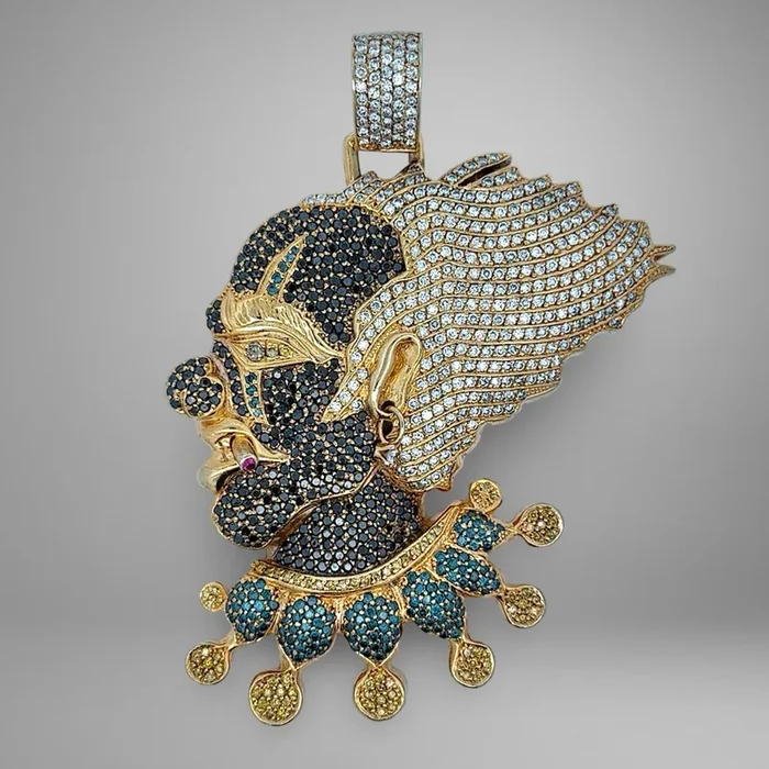 10K Yellow Gold Blue, Black, Yellow, White Diamond Smoking Clown Pendant